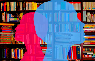 red and blue heads silhouetted over library